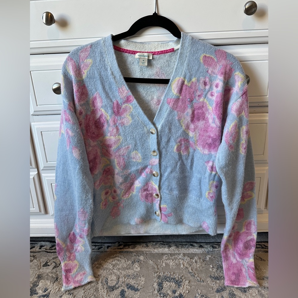Sundance | Women’s M Dahlia Blue Pink Floral Crop Cardigan Sweater Cottagecore